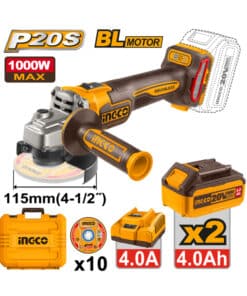 Amoladora Angular a Batería Inalámbrica 115mm 20V Brushless Motor + 2 Baterías 4.0Ah Amper + Cargador + Discos + Maletín Plástico Ingco Naranja/Amarillo CAGLI271532-4
