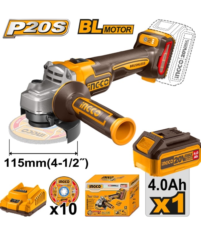 Amoladora Angular a Batería Inalámbrica 115mm 20V Motor Brushless + Batería 4.0Ah Amper + Cargador + Discos Ingco Naranja/Amarillo CAGLI261521