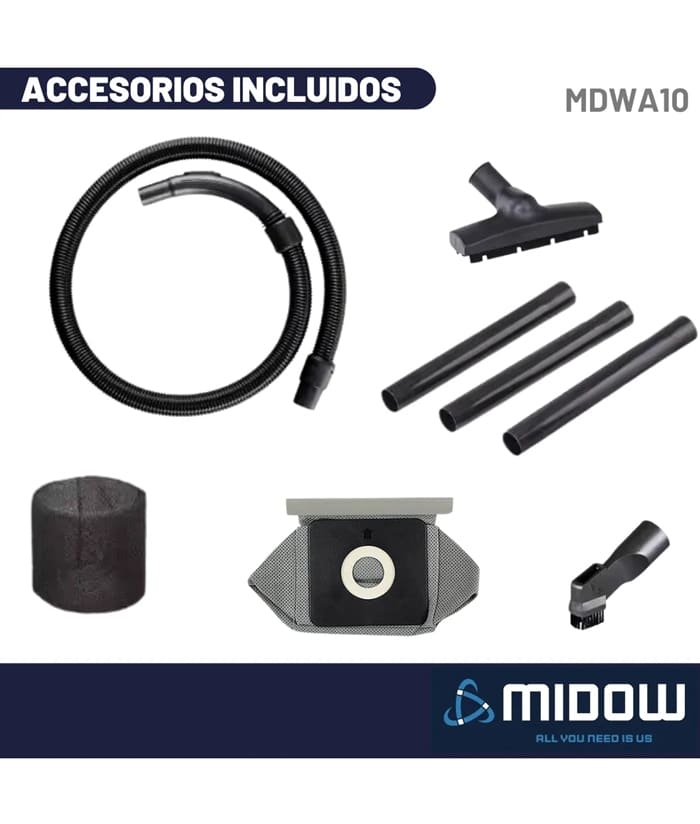 Aspiradora Sopladora Eléctrica Polvo/Agua 1000W 10lts Midow MDWA10 - Imagen 2