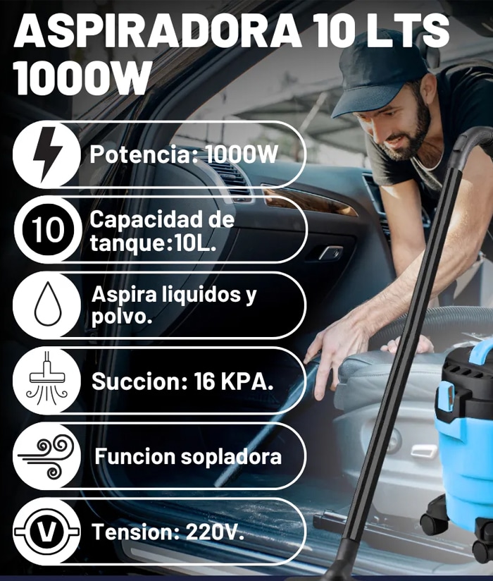 Aspiradora Sopladora Eléctrica Polvo/Agua 1000W 10lts Midow MDWA10 - Imagen 3