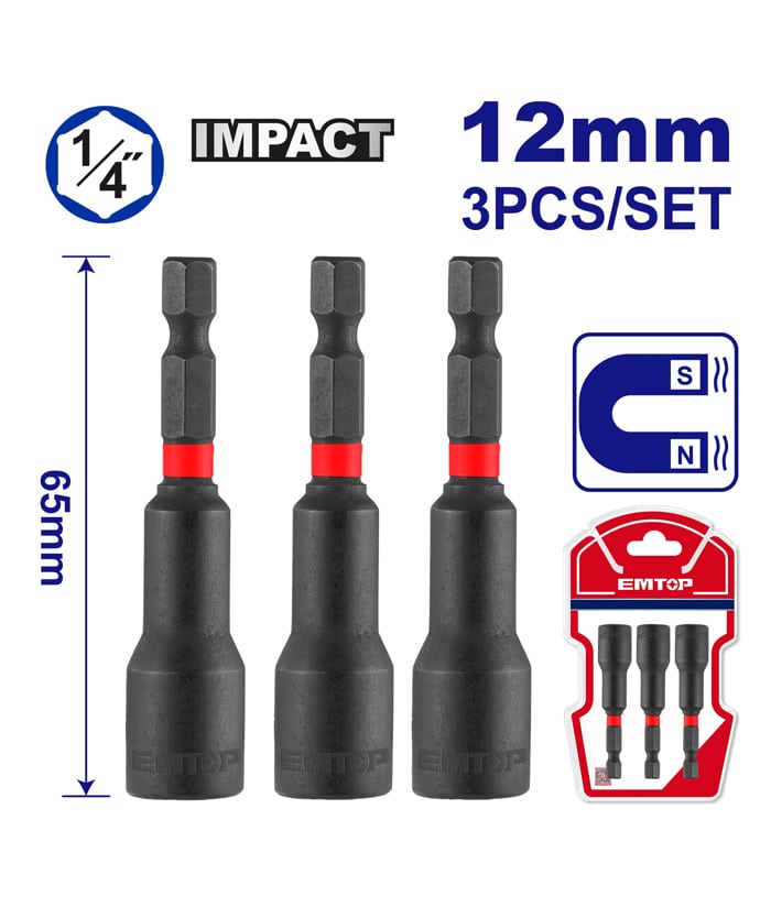 Juego Set Kit Boquillas Magnéticas de Impacto 12mm 1/4″ Emtop Rojo/Azul EMNS1232