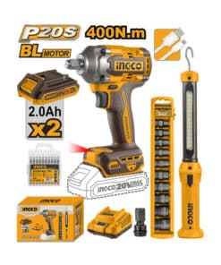 Combo Llave de Impacto a Batería Inalámbrica 1/2" 400Nm Motor Brushless + Linterna Luz LED Recargable 3.5W + Tubos de Impacto Ingco Naranja/Amarillo COSLI23048-4