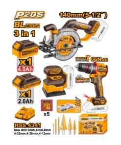 Combo 3 en 1 Sierra Circular a Batería Inalámbrica 20V 140mm + Taladro Atornillador Con Percutor a Batería Inalámbrico 20V 66Nm + Lijadora Orbital a Batería Inalámbrica 20V + Batería 4.0Ah + Batería 2.0Ah Amper + Cargador + Accesorios Ingco Naranja/Amarillo COSLI241193-4 Carpintero