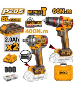 Combo Taladro Percutor Atornillador a Batería Inalámbrico 66Nm Motor Brushless + Llave de Impacto a Batería Inalámbrica 400Nm + 2 Baterías 2.0Ah Amper + Cargador + Maletín + Accesorios Ingco Naranja/Amarillo CKLI20275-4
