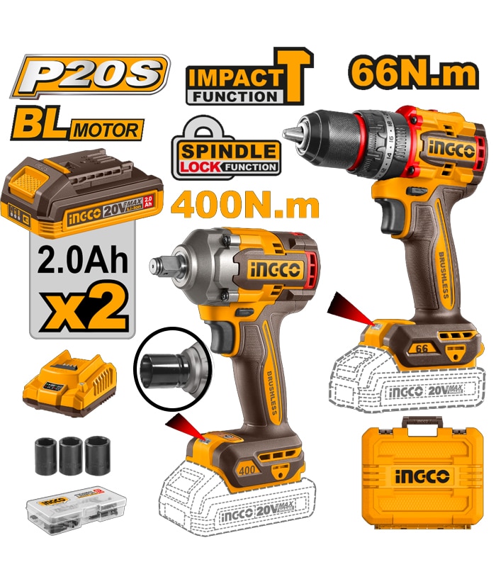 Combo Taladro Percutor Atornillador a Batería Inalámbrico 66Nm Motor Brushless + Llave de Impacto a Batería Inalámbrica 400Nm + 2 Baterías 2.0Ah Amper + Cargador + Maletín + Accesorios Ingco Naranja/Amarillo CKLI20275-4