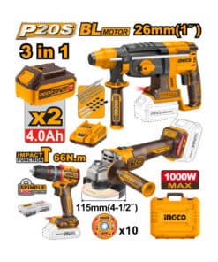 Combo 3 en 1 Taladro Atornillador Percutor a Batería Inalámbrico 66Nm + Amoladora Angular a Batería Inalámbrica 115mm 1000W + Rotomartillo a Batería Inalámbrico SDS Plus 26mm + 2 Baterías 4.0Ah Amper + Cargador + Maletín + Accesorios Ingco Naranja/Amarillo COSLI241198-4 Constructor
