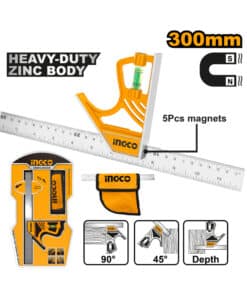 Escuadra Combinada Magnética con Nivel 12″ Punta de Trazar Carpintero Herrero 300mm Ingco HSR530255