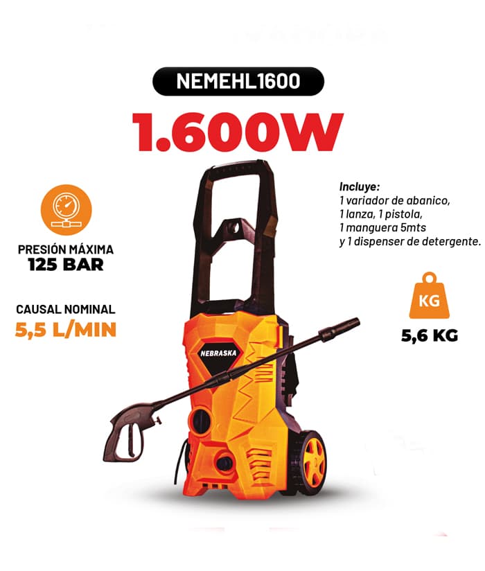 Hidrolavadora Eléctrica 1600W 125bar Nebraska NEMEHL1600 - Imagen 2