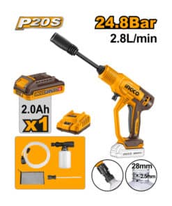 Hidrolavadora a Batería Inalámbrica 24.8bar 20V + Batería 2.0Ah Amper + Cargador Ingco Naranja/Amarillo CPWLI20362