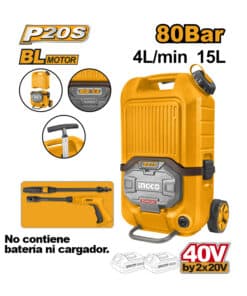 Hidrolavadora a Batería Inalámbrica Alta Presión 80bar 20V+20V (40V) Motor Brushless Ingco Naranja/Amarillo CPWLI4006