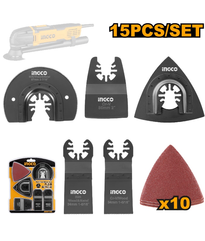 Juego Set Kit Accesorios Para Sierra Oscilatoria Oscilante Multifunción Multiuso Multimaterial Multiherramienta x 15pzs Ingco AKTMT1502