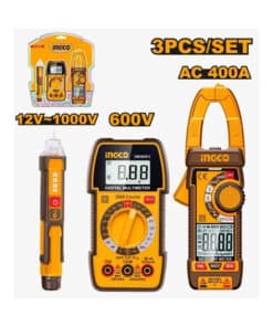 Juego Set Kit Detector de Voltaje Inductivo Buscapolo Por Inducción 12-1000V + Pinza Amperimétrica CA 400A Amper + Tester Multímetro Digital 600V Ingco Naranja/Amarillo DM3068
