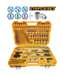 Caja Maletín Juego Set Kit con Tubos Bocallaves 1/4" 1/2" 3/8" Herramientas Manuales x 216 Pzs Ingco Naranja/Amarillo HKTHP22161