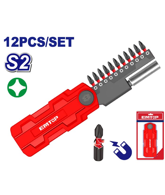 Juego Set Kit Puntas de Impacto PH2 25mm x 12pzs Emtop Rojo/Azul EMSV3K02