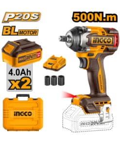 Llave de Impacto Inalámbrica a Batería 20V Motor Sin Carbones 1/2″ 500Nm + 2 Baterías 4.0Ah Amper + Cargador + Tubos + Maletín Ingco Naranja/Amarillo CIWLI2050-4