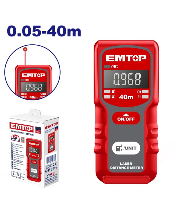 Medidor de Distancia Láser 40mts Emtop Rojo/Azul EMDL1504
