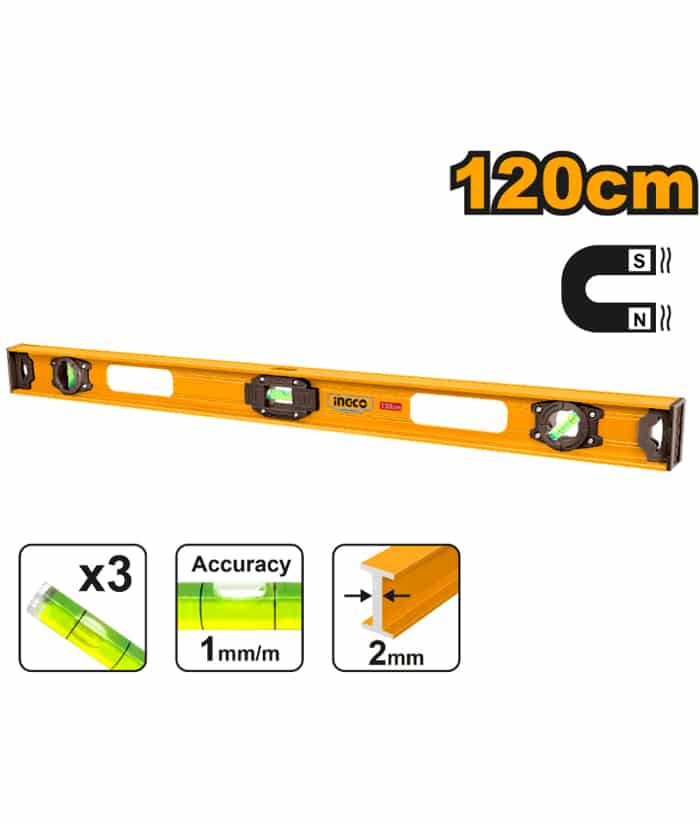 Nivel Aluminio de Mano Burbuja Imantado 120cm 3 Burbujas Ingco HSL28120