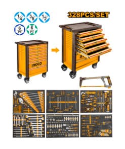 Mesa Carro Gabinete Organizador Rodante 7 Cajones Para Taller + 382 Herramientas Manuales Ingco Naranja/Amarillo HTCS273281