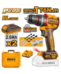 Combo Taladro Atornillador Con Percutor 76Nm A Batería Inalámbrico 13mm 20V Motor Brushless + 2 Baterías 2.0Ah Amper + Cargador + Maletín Ingco Naranja/Amarillo CIDLI20768-4