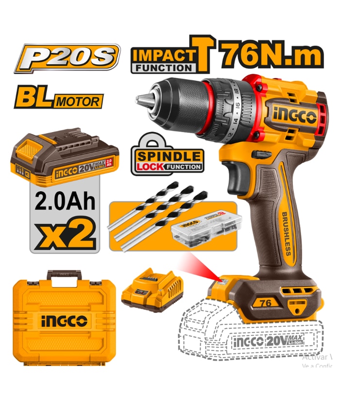 Combo Taladro Atornillador Con Percutor 76Nm A Batería Inalámbrico 13mm 20V Motor Brushless + 2 Baterías 2.0Ah Amper + Cargador + Maletín Ingco Naranja/Amarillo CIDLI20768-4