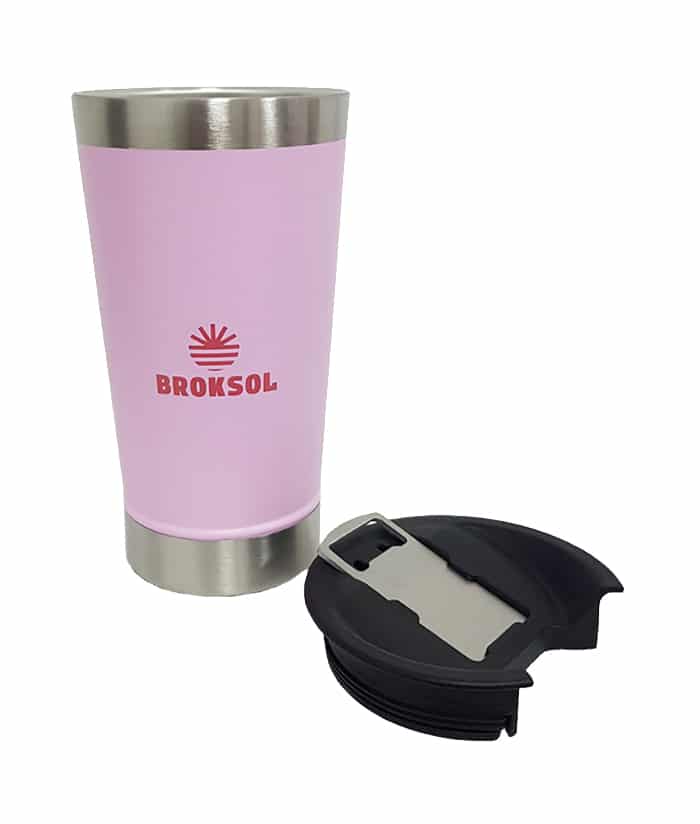 Vaso Térmico Cervecero Rosa 500ml Con Tapa y Destapador Broksol TER-VASC500RS