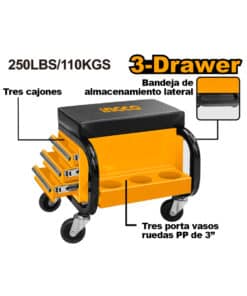 Banco Mecánico Porta Herramientas 3 Cajones Con Ruedas Para Taller Ingco Naranja/Amarillo HCS103