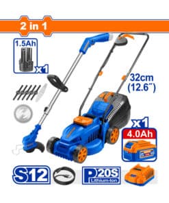 Combo Cortadora de Pasto Césped a Batería Inalámbrica + Bordeadora a Batería Inalámbrica + Batería 1.5Ah Amper + Cargador + Accesorios Wadfow WCK20228