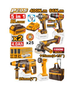 Combo 5 en 1 Motor Brushless Taladro Atornillador Percutor a Batería 66Nm + Llave de Impacto a Batería 1/2" 400Nm + Rotomartillo a Batería 26mm + Amooladora Angular a Batería 115mm + Linterna Reflector Luz Led a Batería 270lum 5W Ingco + Bolso con Manija + 2 Baterías 4.0ah Amper + Cargador + Accesorios Ingco Naranja/Amarillo CKLI2059-4