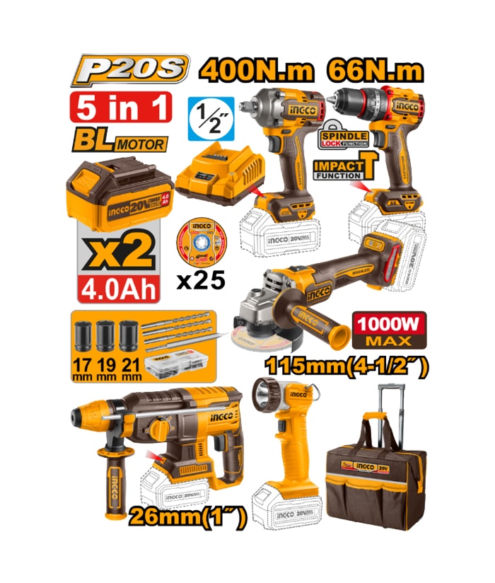Combo 5 en 1 Motor Brushless Taladro Atornillador Percutor a Batería 66Nm + Llave de Impacto a Batería 1/2" 400Nm + Rotomartillo a Batería 26mm + Amooladora Angular a Batería 115mm + Linterna Reflector Luz Led a Batería 270lum 5W Ingco + Bolso con Manija + 2 Baterías 4.0ah Amper + Cargador + Accesorios Ingco Naranja/Amarillo CKLI2059-4
