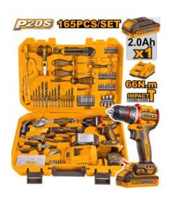 Combo Taladro Atornillador Percutor a Batería Inalámbrico 66Nm Motor Brushless + Batería 2.0Ah Amper + Cargador + 165 Herramientas + Maletín Ingco Naranja/Amarillo HKTHP11651-4