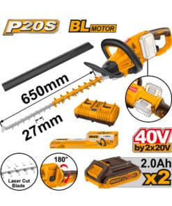 Cortacerco Corta Cerco a Batería Inalámbrico 650mm 40V (20V+20V) Motor Brushless + 2 Baterías 2.0Ah Amper + Cargador Doble Ingco Naranja/Amarillo CHTLI400282-4