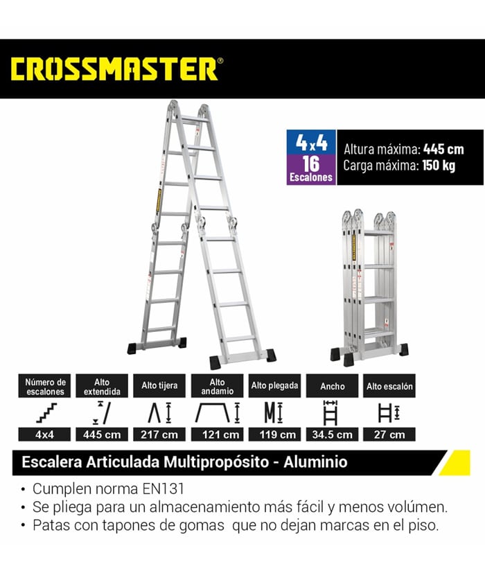 Escalera de Aluminio Multipropósito Multiuso Plegable 4 x 4 16 Escalones 150kgs 217 cm Crossmaster 9931175 - Imagen 3