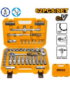 Juego Set Kit de Tubos Bocallaves y Puntas Con Llave Crique 1/2″ x 62pzs Ingco Naranja/Amarillo HKTS12602
