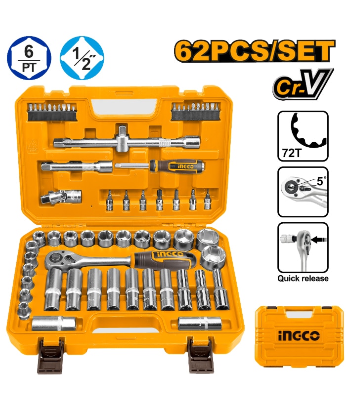 Juego Set Kit de Tubos Bocallaves y Puntas Con Llave Crique 1/2″ x 62pzs Ingco Naranja/Amarillo HKTS12602
