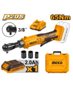 Llave Crique a Batería Inalámbrica 65Nm Encastre 3/8″ 20V + Batería 2.0Ah Amper +  Cargador + Maletín Ingco Naranja/Amarillo CDRLI2060152-4