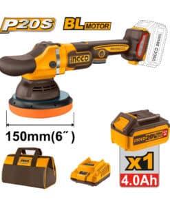 Pulidora Lustradorada Lustralijadora Roto Orbital a Batería Inalámbrica 20V 150mm 6" Motor Brushless + Batería 4.0Ah Amper + Cargador + Bolso Ingco Naranja/Amarillo APLI20151-4