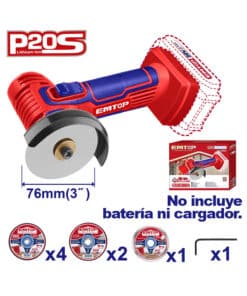 Mini Amoladora Angular a Batería Inalámbrica 3″ 76mm 20V Emtop Rojo/Azul ELAG7601