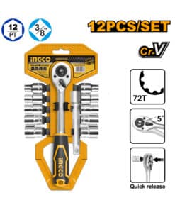 Juego Set Kit de Tubos Bocallaves Con Llave Crique 1/2" x 12pzs Ingco Naranja/Amarillo HKTS12122