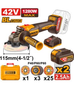 Amoladora Angular a Batería Inalámbrica 115mm 42V 1280W Motor Brushless + 2 Baterías 2.5ah Amper + Cargador + Accesorios + Maletín Plástico Ingco Naranja/Amarillo CAGLI4128112-4