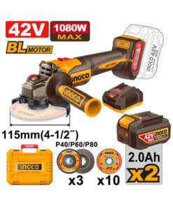 Amoladora Angular a Batería Inalámbrica 115mm 42V 1080W Motor Brushless + 2 Baterías 2.0ah Amper + Cargador + Accesorios + Maletín Plástico Ingco Naranja/Amarillo CAGLI4108112-4
