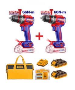 Combo 2 Taladro Atornillador de Impacto a Batería Inalámbrico 66Nm 13mm 20V Motor Brushless Sin Carbones Compacto Emtop ECIDL206681 + 2 Baterías + Cargador + Bolso