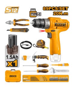 Combo Maletín Caja con Taladro Atornillador a Batería Inalámbrico 12V 20Nm + Batería 1.5Ah Amper + Cargador + 89 Herramientas Ingco Naranja/Amarillo HKTHP10891