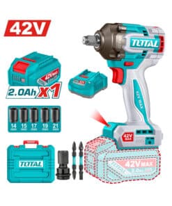 Llave de Impacto a Batería Inalámbrico 42V Motor Brushless 460Nm Encastre 1/2" + Batería 2.0Ah Amper + Cargador + Accesorios + Maletín Total TIWLI42461-4