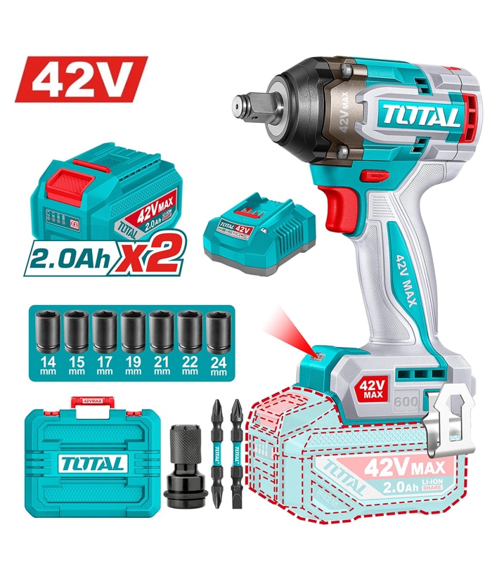 Llave de Impacto a Batería Inalámbrico 42V Motor Brushless Encastre 1/2" 600Nm + 2 Baterías 2.0Ah Amper + Cargador + Accesorios + Maletín Total TIWLI42602-4