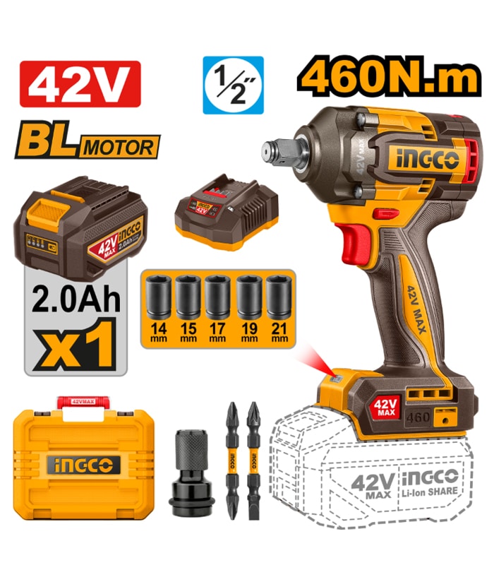 Llave de Impacto a Batería Inalámbrico 42V Motor Brushless 460Nm Encastre 1/2" + Batería 2.0Ah Amper + Cargador + Accesorios + Maletín Ingco Naranja/Amarillo CIWLI42461-4