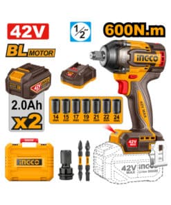 Llave de Impacto a Batería Inalámbrico 42V Motor Brushless 600Nm Encastre 1/2" + 2 Baterías 2.0Ah Amper + Cargador + Accesorios + Maletín Ingco Naranja/Amarillo CIWLI42602-4