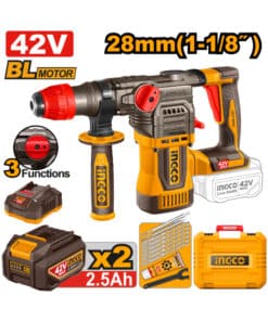 Rotomartillo SDS Plus a Batería Inalámbrico 28mm 1-1/8" 42V Motor Brushless + 2 Baterías 2.5ah Amper + Cargador + Accesorios + Maletín Ingco Naranja/Amarillo CRHLI422882-4