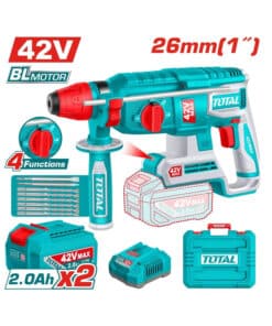 Rotomartillo SDS Plus a Batería Inalámbrico 26mm 1″ 42V Motor Brushless + 2 Baterías 2.0ah Amper + Cargador + Accesorios + Maletín Total TRHLI422682-4