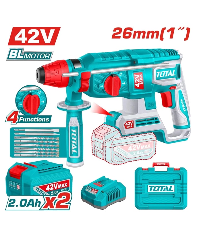 Rotomartillo SDS Plus a Batería Inalámbrico 26mm 1″ 42V Motor Brushless + 2 Baterías 2.0ah Amper + Cargador + Accesorios + Maletín Total TRHLI422682-4