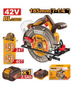 Sierra Circular a Batería 185mm 42V Motor Brushless + Batería 2.5ah Amper + Cargador + Accesorios Ingco Naranja/Amarillo CSLI4218511-4